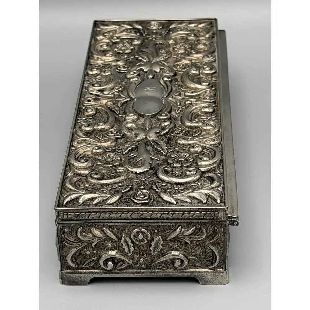 Godinger Silver 1992 Ornate Jewelry Trinket Box Velvet Lined Engraved 